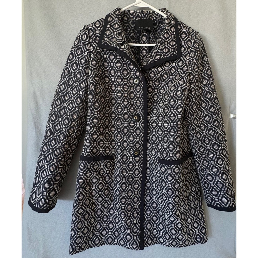 Carlisle Black Cream Geometric Diamond Jacquard Knit Coat Jacket Sz 4